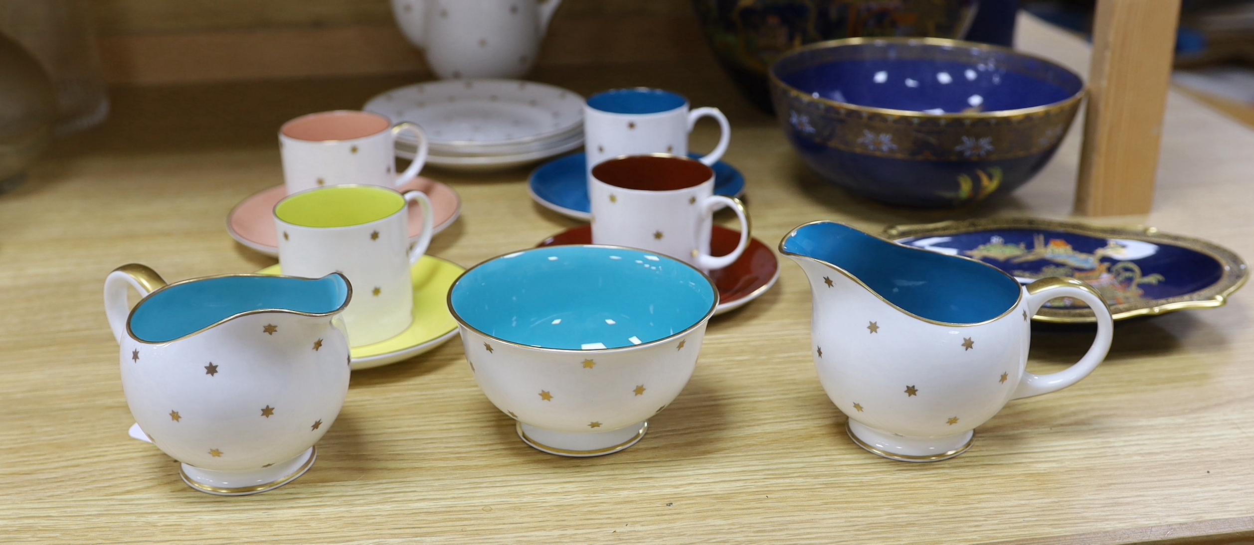 A Carlton ware powder blue jardiniere, similar bowl and oval dish with Oriental design together with a Susie Cooper part tea and coffee set, largest 19cm high